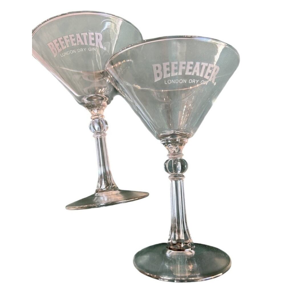 Vintage Beefeater London Dry Gin Martini Cocktail Glasses (2) Promo Barware